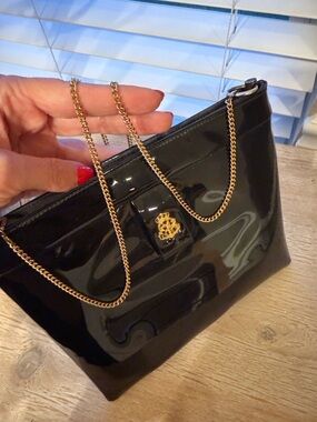 RARE Black Patent Leather Clutch Gold Chain Strap  ORB Logo Vintage